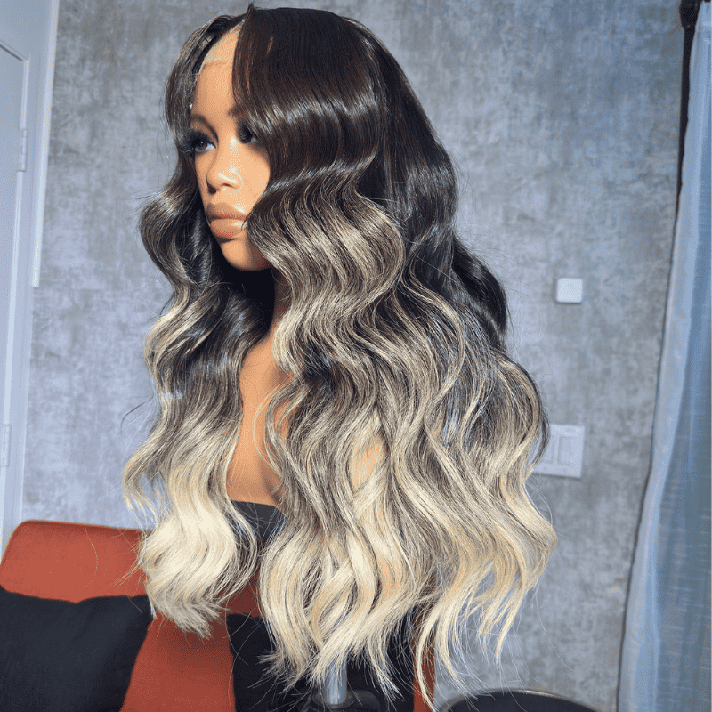 Ombre Brown Ash Blonde Highlight human hair wig, 250% density, 13x4 lace