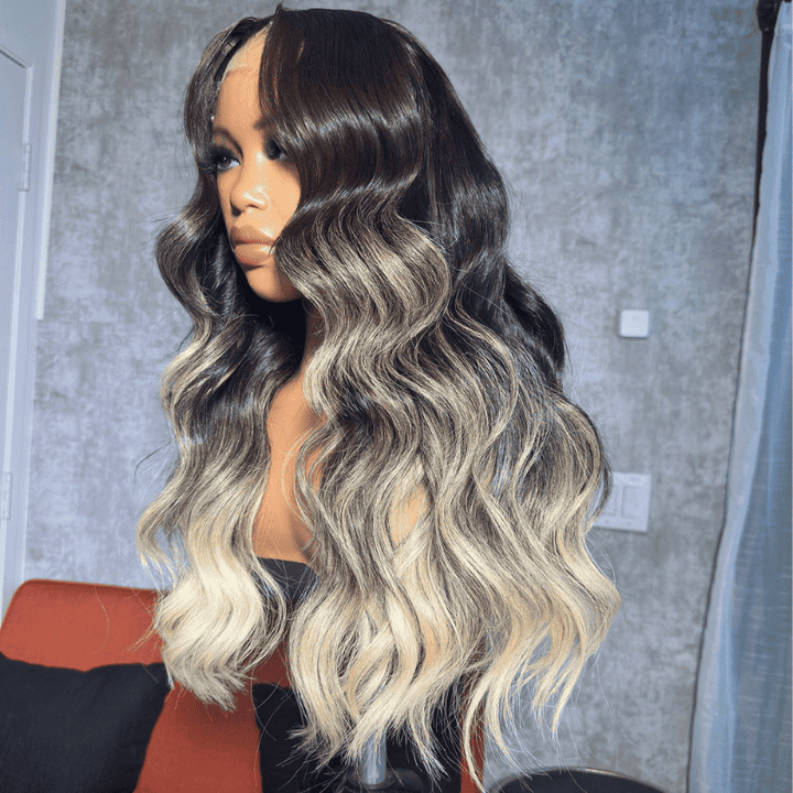 Ombre Brown Ash Blonde Highlight human hair wig, 250% density, 13x4 lace