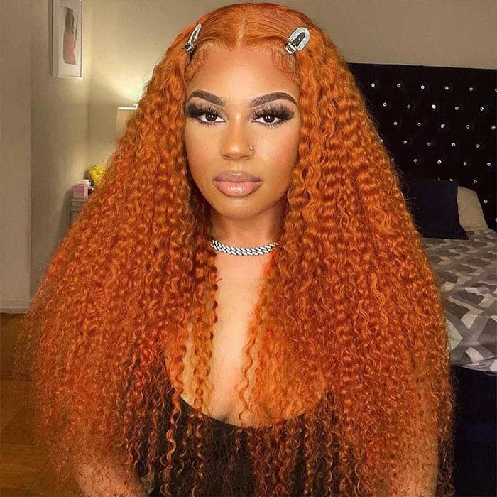 Orange Ginger Deep Wave 13x4 HD Transparent Lace Front Human Hair Wig 180 Density
