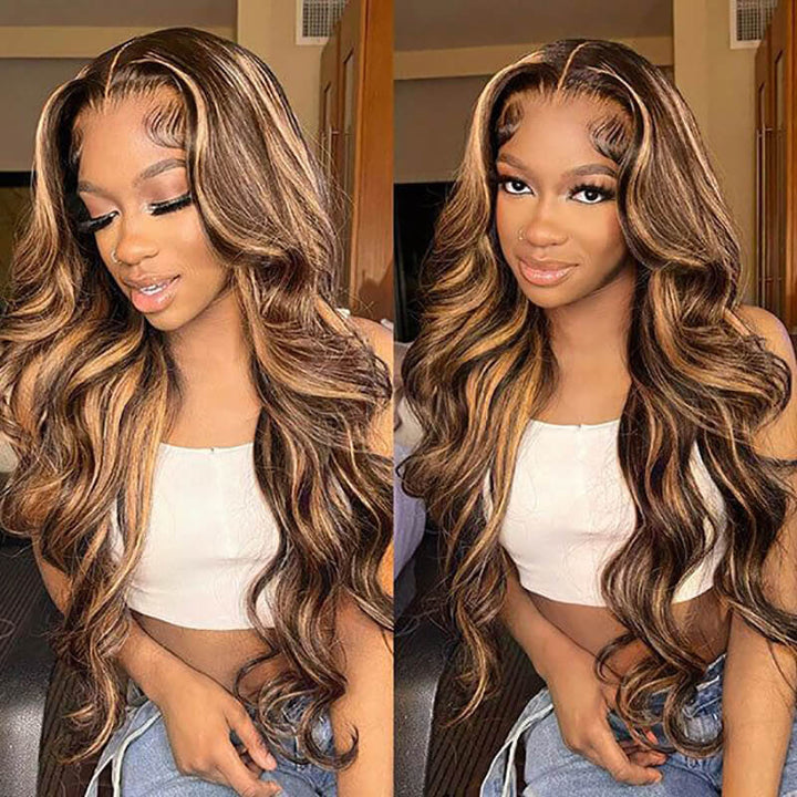 P4/27 Highlight Body Wave 13x6 HD lace front wig, human hair