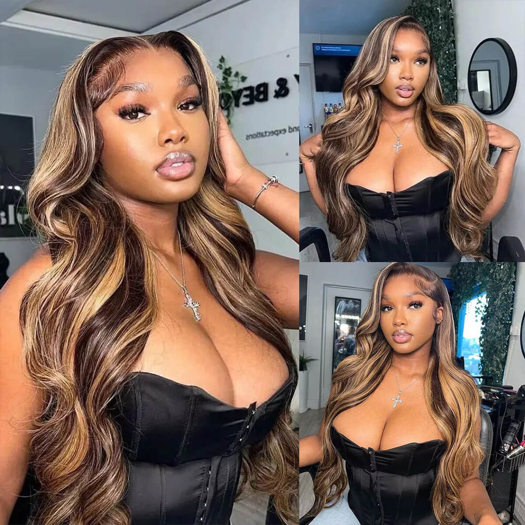 P4/27 Highlight Body Wave lace front wig, 13x4 HD transparent lace
