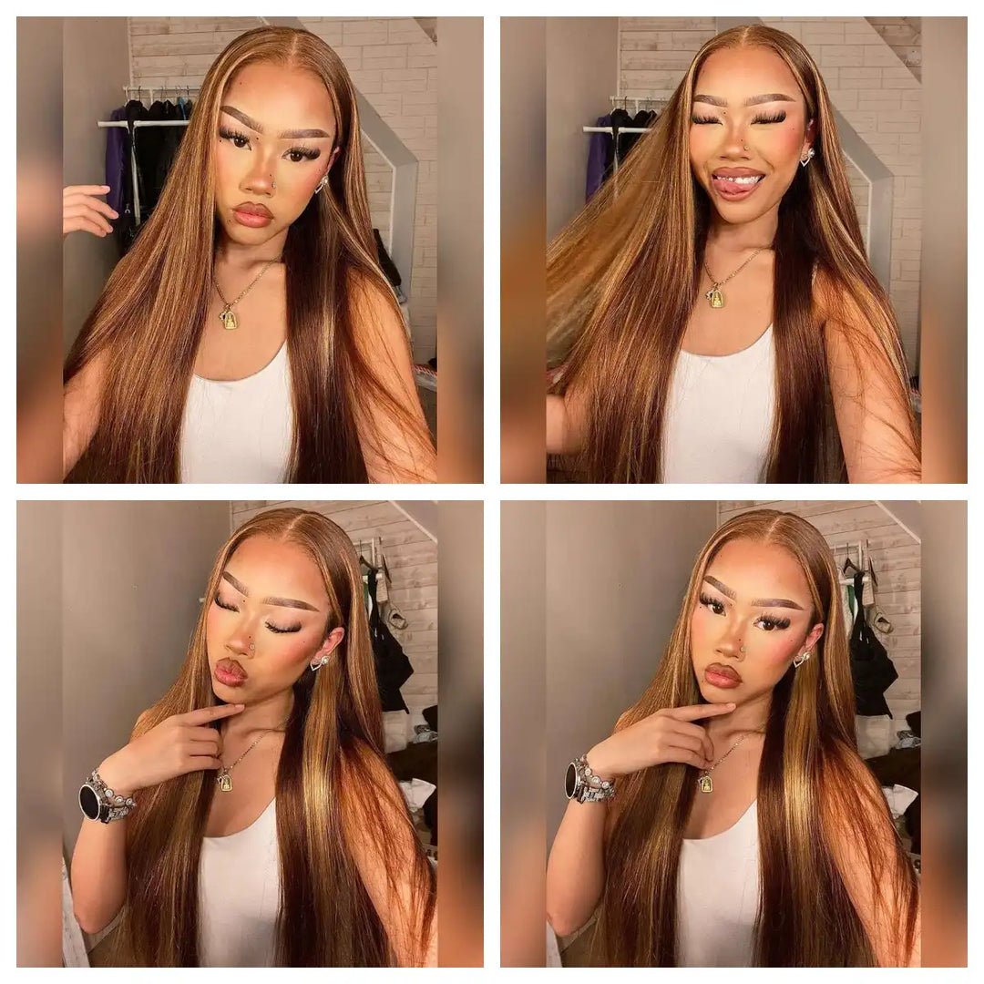 P4/27 Highlight Straight Human Hair Wig 13x6 HD Transparent Lace Installation