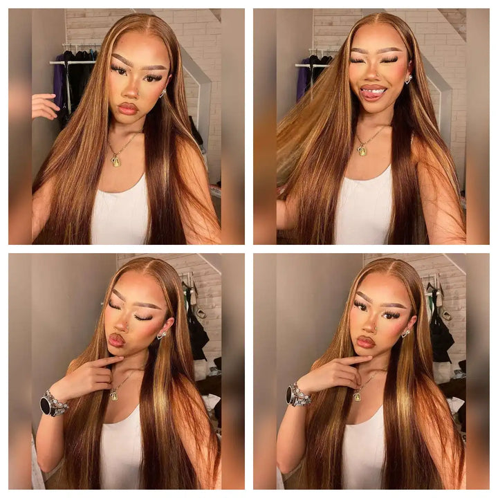 P4/27 Highlight Straight Human Hair Wig 13x6 HD Transparent Lace Installation