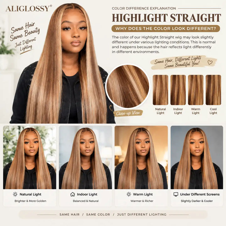 P4/27 Highlight Straight Human Hair Wig featuring 23.5-Inch Large Cap and 13x4 Melted HD Lace Front