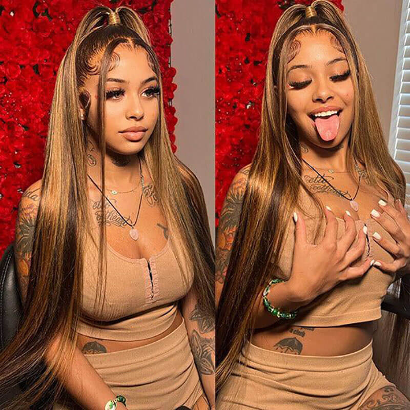 P4/27 Highlight Straight Human Hair Wig with 13x6 HD Transparent Lace Front