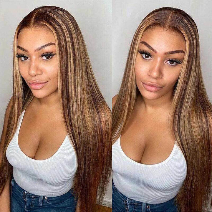 P4/27 Highlight straight human hair, 13x4 lace front glueless wig, seamless melt