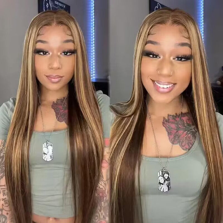 P4/27 Highlight straight human hair, 4x4 lace closure glueless wig, seamless scalp melt