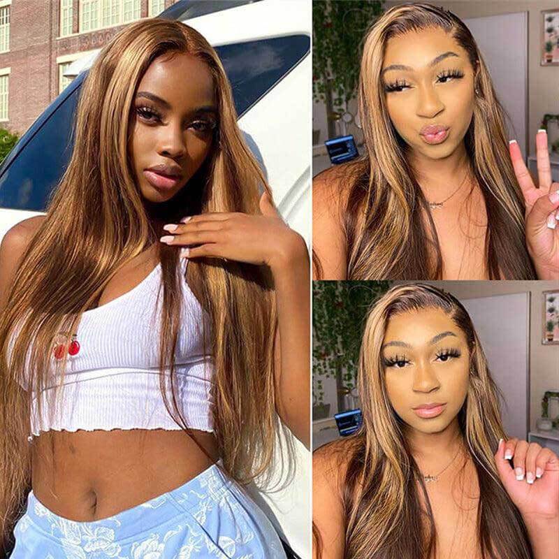 P4/27 Highlight straight human hair wig, 13x4 HD transparent lace front