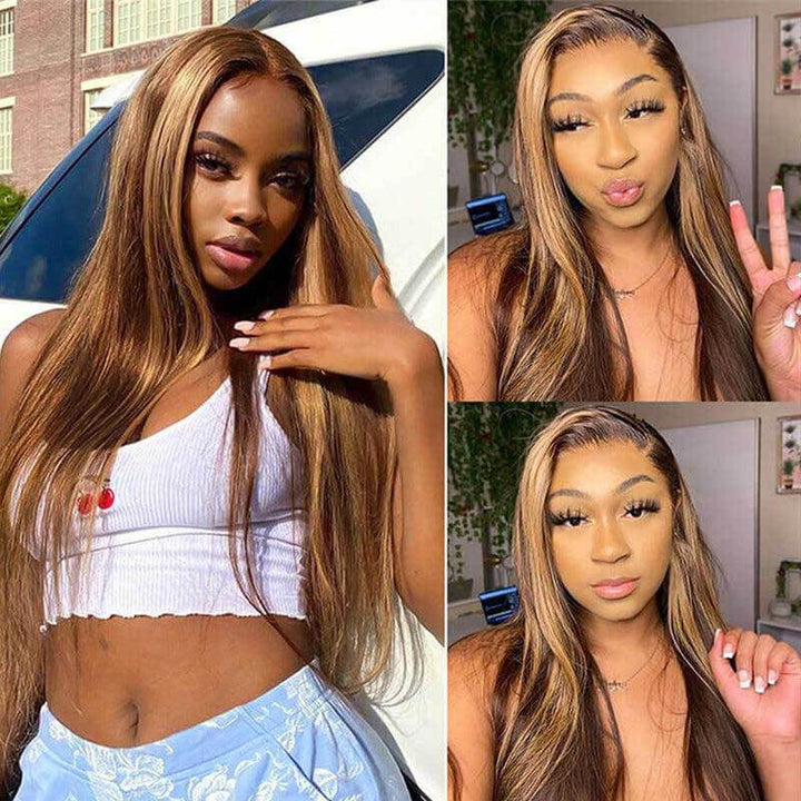 P4/27 Highlight straight human hair wig, 13x4 HD transparent lace front