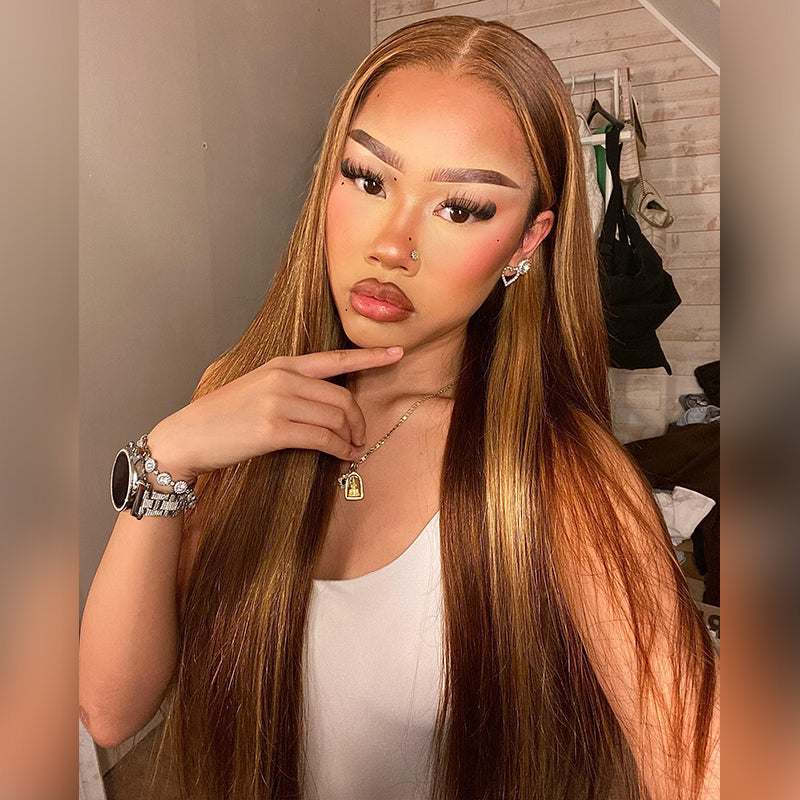 P4/27 Highlight straight human hair wig, Bye Bye Knots, 5x5 HD transparent lace glueless