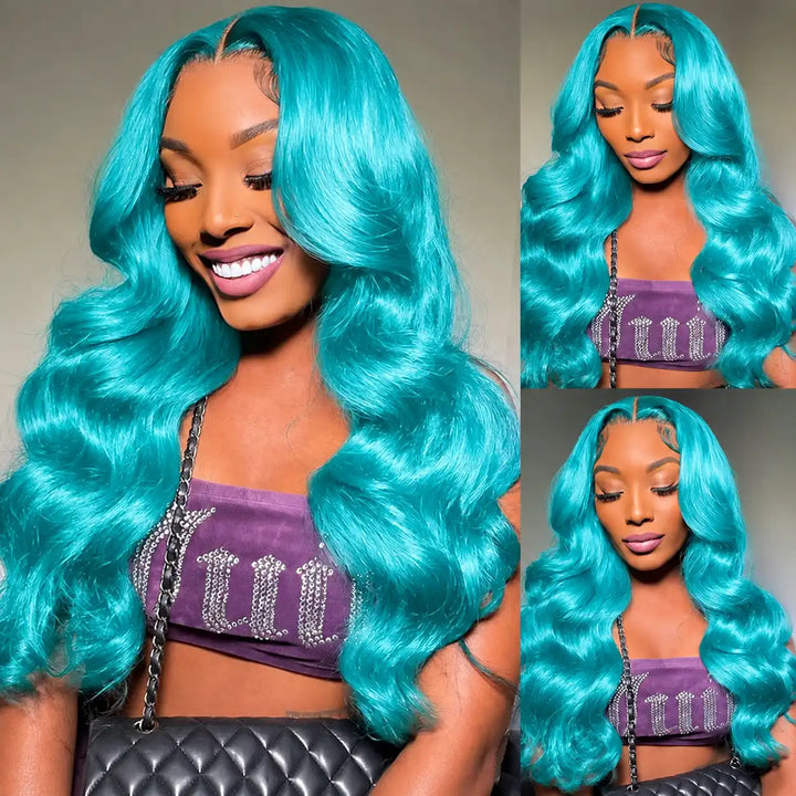 Pastel Mint Green 13x4 Straight Body Wave Lace Front Human Hair Wigs For Women Front Views