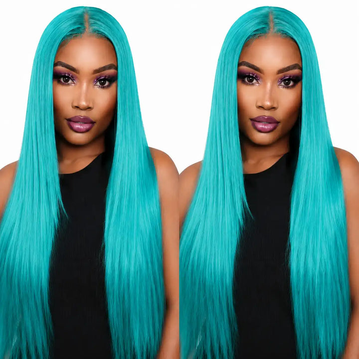 Pastel mint green 13x4 lace front human hair wig with straight body wave style