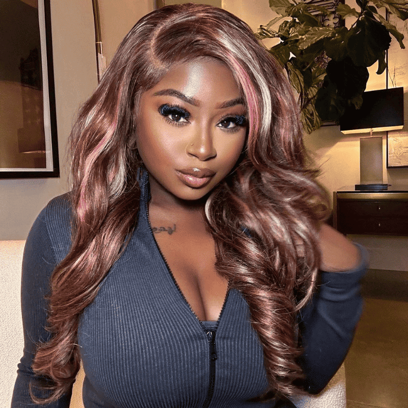 Pink Blonde On Chocolate Brown Highlights human hair wig, 250% density