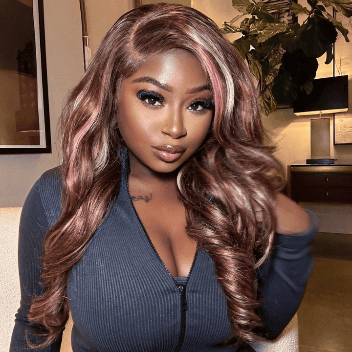 Pink Blonde On Chocolate Brown Highlights human hair wig, 250% density