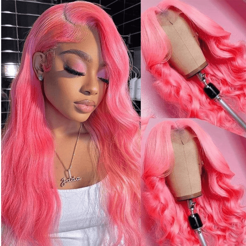 Pink Color Body Wave human hair wig, 180% density, 13x4 HD lace