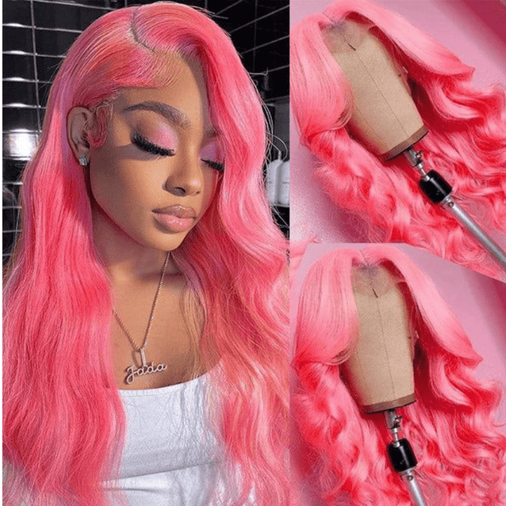 Pink Color Body Wave human hair wig, 180% density, 13x4 HD lace
