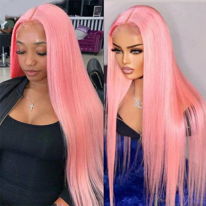 Pink Straight Human Hair Wig ALIGLOSSY HD Transparent Lace Front Style