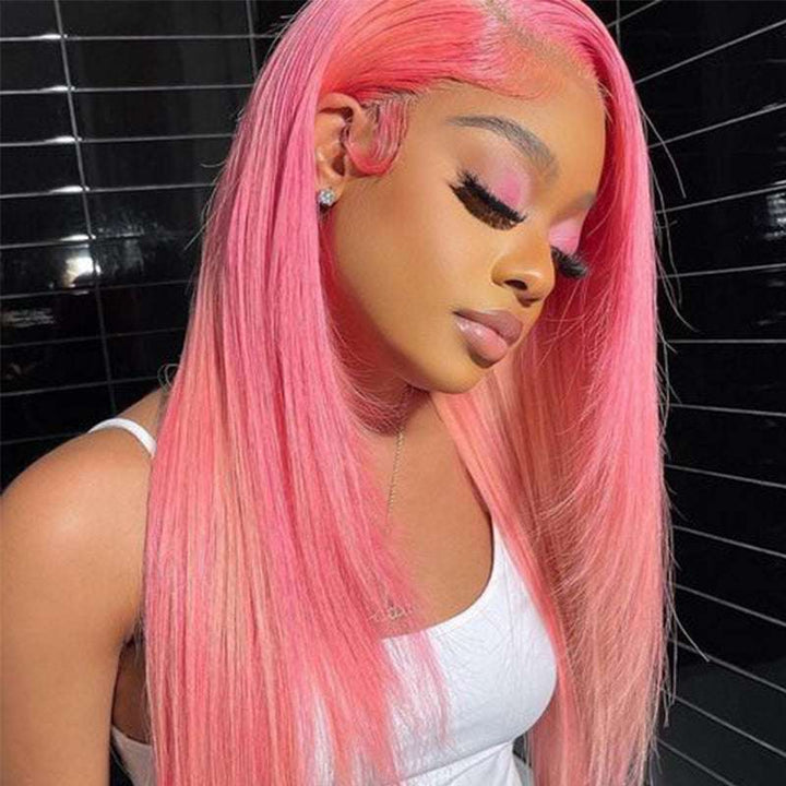 Pink Straight Human Hair Wig with 13x4 HD Transparent Lace Installation