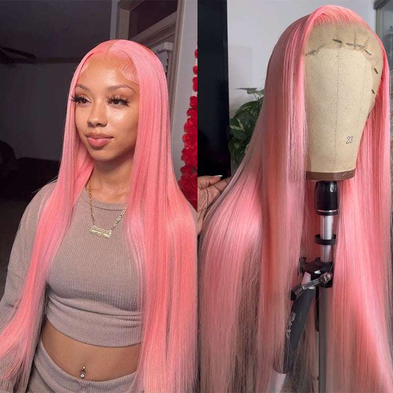 Pink Straight Human Hair Wig with Natural Hairline and HD Transparent Lace