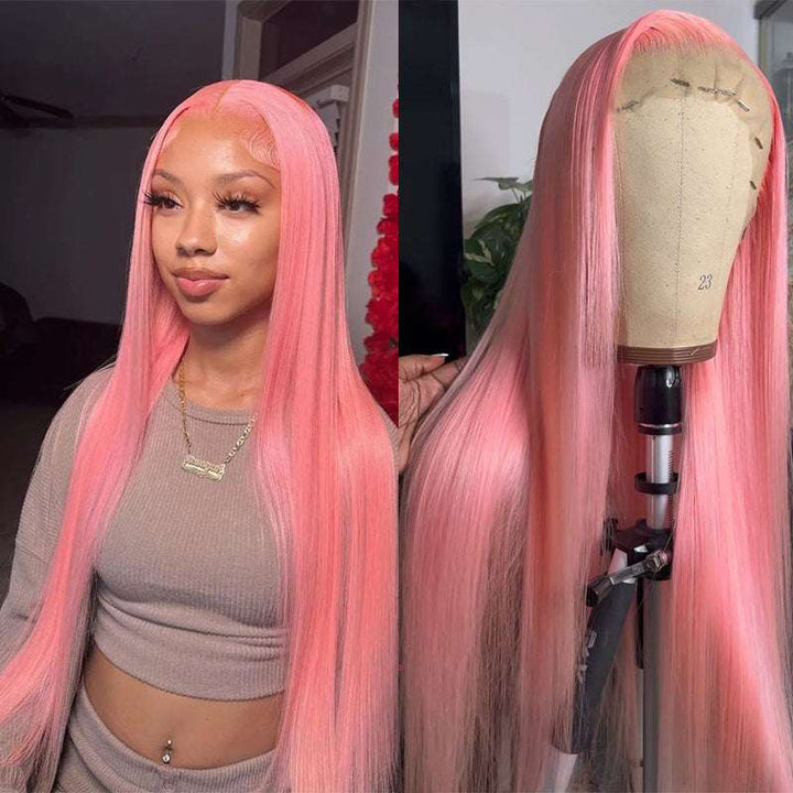 Pink Straight Human Hair Wig with Natural Hairline and HD Transparent Lace