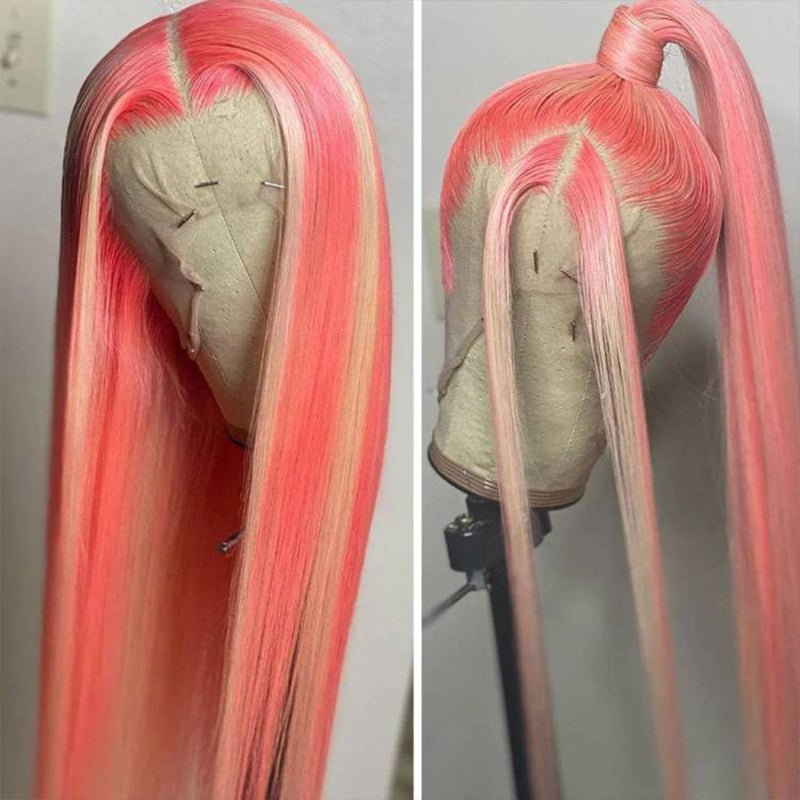 Pink wig with Blonde Highlights, 13x4 HD lace front human hair