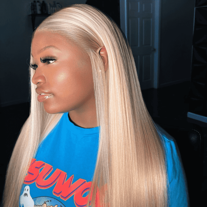 Platinum Blonde Brown Highlights 13x4 lace front human hair wig, 300% density