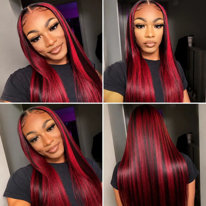 Pre-Plucked 13x4 Lace Frontal Wig Burgundy Highlight