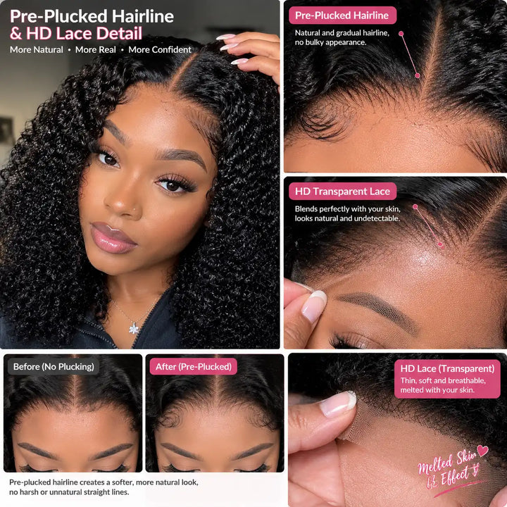Pre-Plucked HD Lace Hairline - Wear Go Glueless Short Bob Kinky Curly Human Hair Wig 200% Density