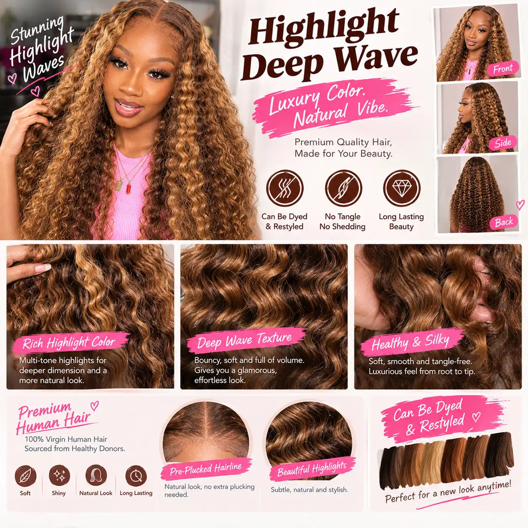 Pre-Plucked Hairline 5x5 HD Transparent Lace Highlight Deep Wave Glueless Wig