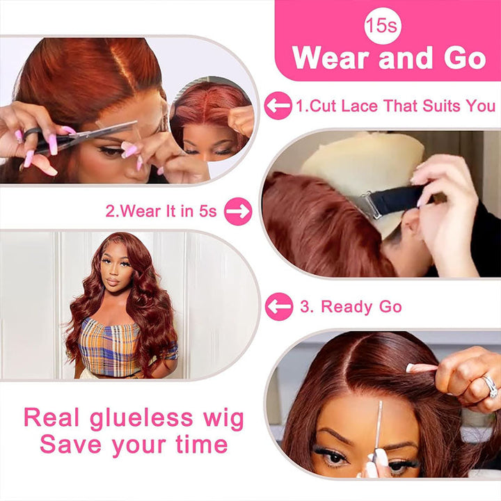 Pre-cut Bye Bye Knots wig, Reddish Brown Body Wave, perfect for quick daily install