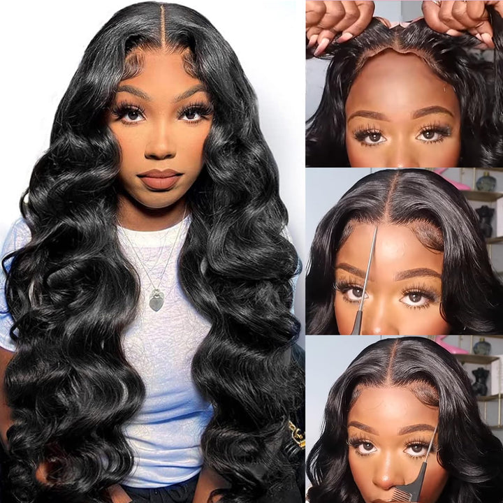 Pre-cut HD transparent lace body wave glueless wig 180% density natural hairline