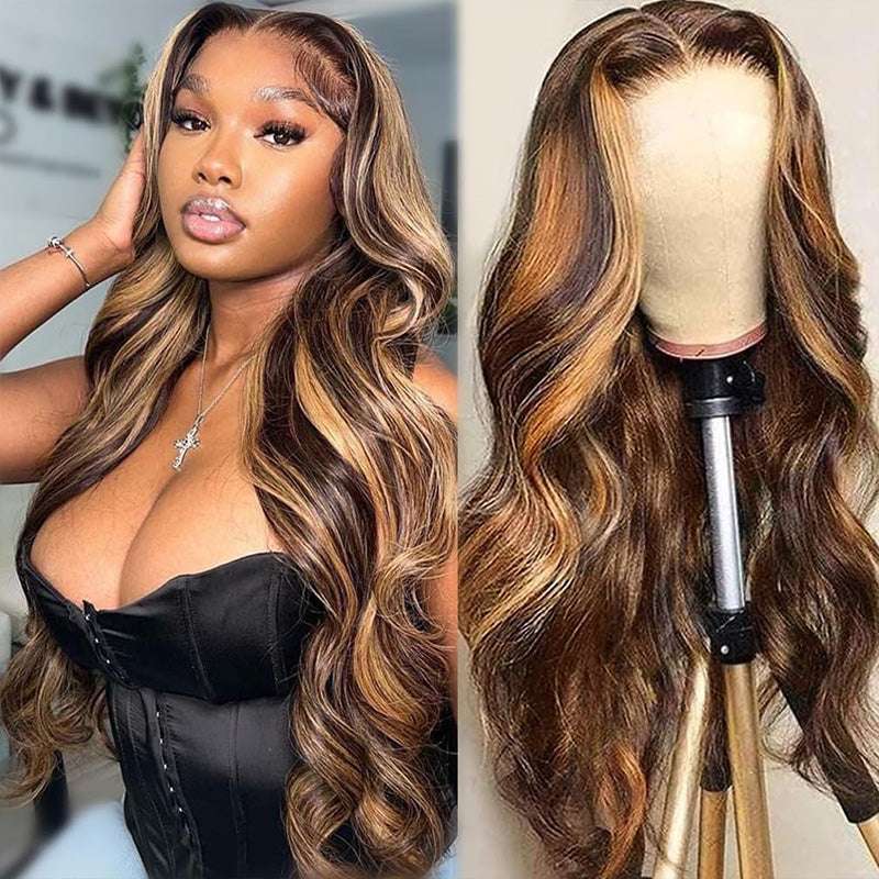 Pre-cut HD transparent lace highlight body wave glueless wig with 180% density