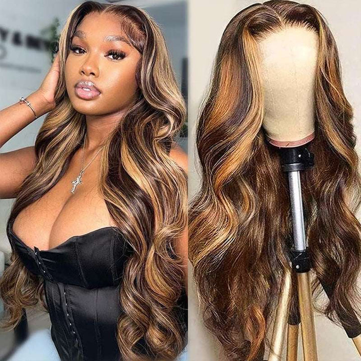 Pre-cut HD transparent lace highlight body wave glueless wig with 180% density