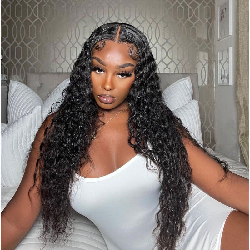 Pre-cut HD transparent lace water wave glueless wig 180% density natural hairline