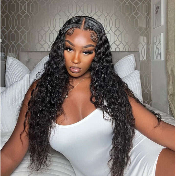 Pre-cut HD transparent lace water wave glueless wig 180% density natural hairline