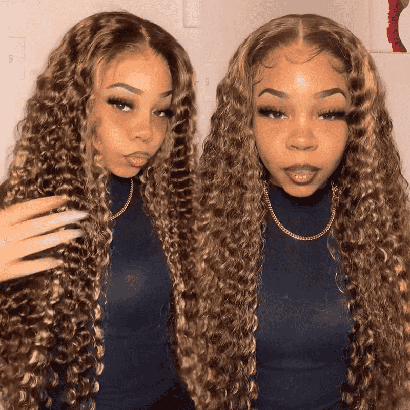 Pre-cut glueless highlight deep wave wig with HD lace for a seamless scalp blend