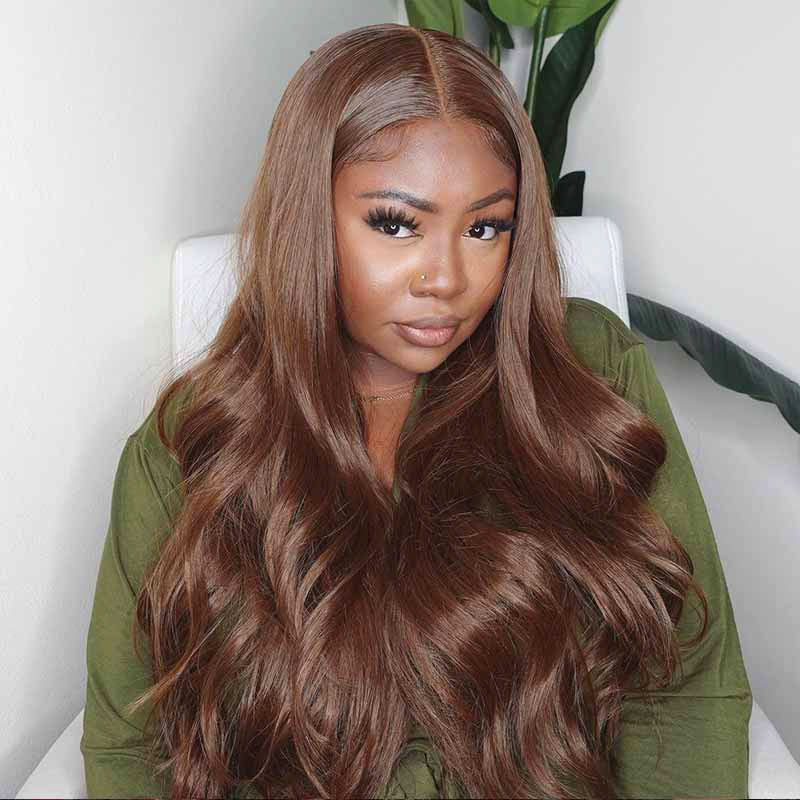 Pre-cut glueless human hair wig, Chocolate Brown body wave, 180% density