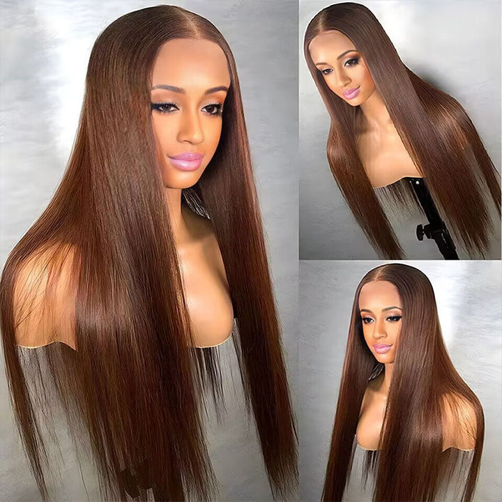 Pre-cut glueless wig, Chocolate Brown Straight texture, Bye Bye Knots for easy install