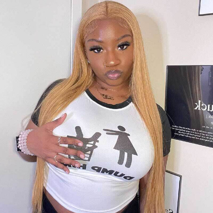 Pre-cut glueless wig, Honey Blonde straight texture, Bye Bye Knots for quick daily install