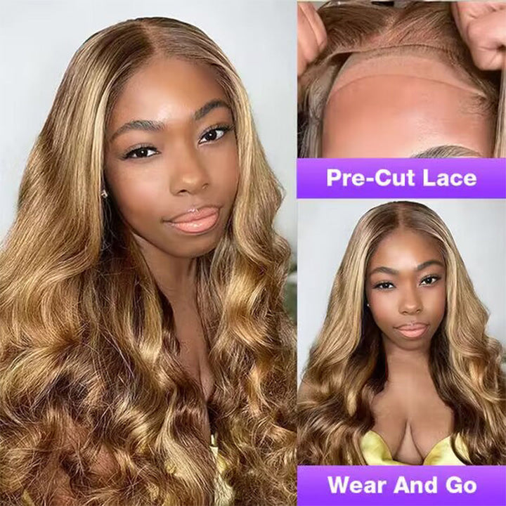 Pre-cut glueless wig, P4/27 Highlight Body Wave, Bye Bye Knots for quick daily install