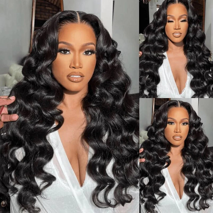 Pre-plucked 13x4 HD lace frontal detail on ALIGLOSSY loose wave human hair wig