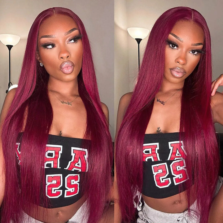 Pre-plucked 13x4 HD transparent lace frontal on 99J burgundy human hair wig