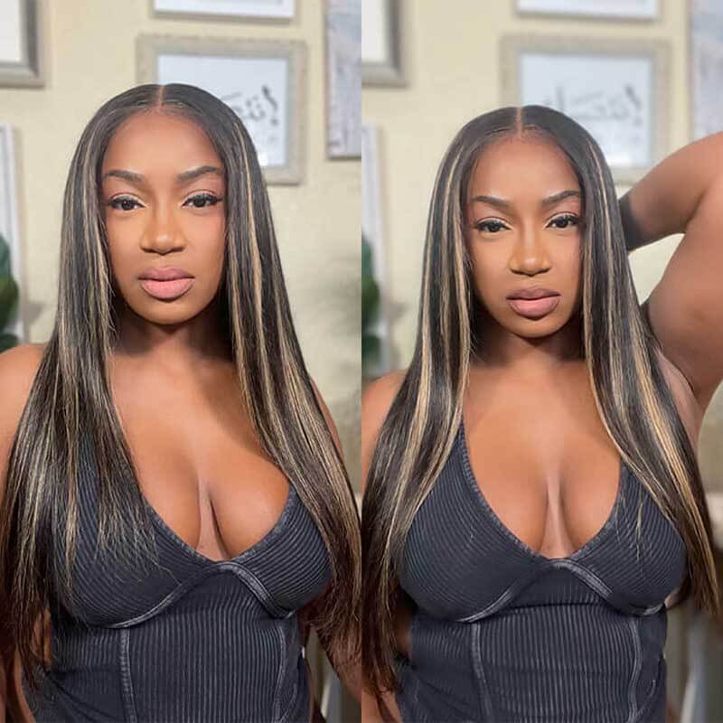 Pre-plucked glueless wig, 1B/30 Highlight straight texture, 13x4 HD lace