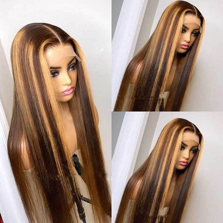 Pre-plucked glueless wig, P4/27 Highlight straight texture, 13x4 HD lace