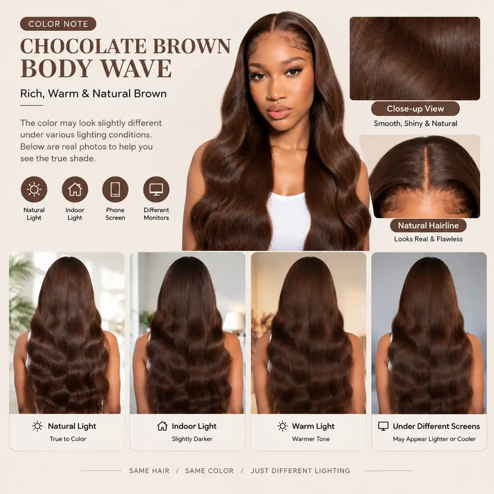 Pre-plucked natural hairline with baby hair on chocolate brown 13x4 HD lace front wig with large cap size