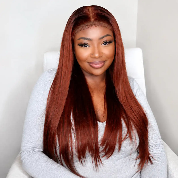 Pre Cut Wear Go Glueless Reddish Brown Straight Human Hair Wig