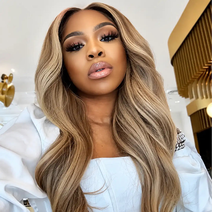 Premium Balayage Blonde Highlight Body Wave Wig HD Lace Natural Parting