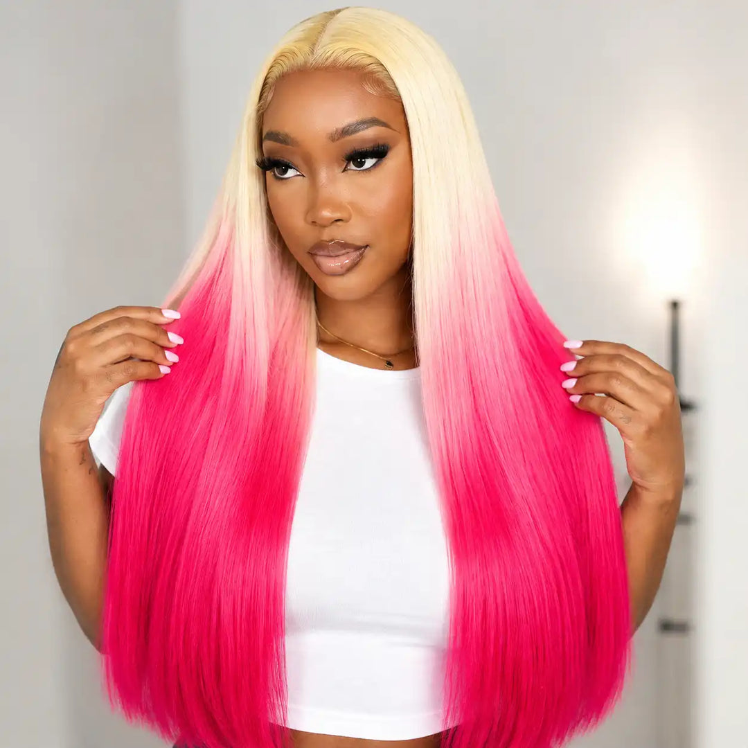 Recommended by beauty influencer, featuring Ombre 613 Blonde Orange Pink Yellow Straight 13x4 HD Lace Front Human Hair Wig.