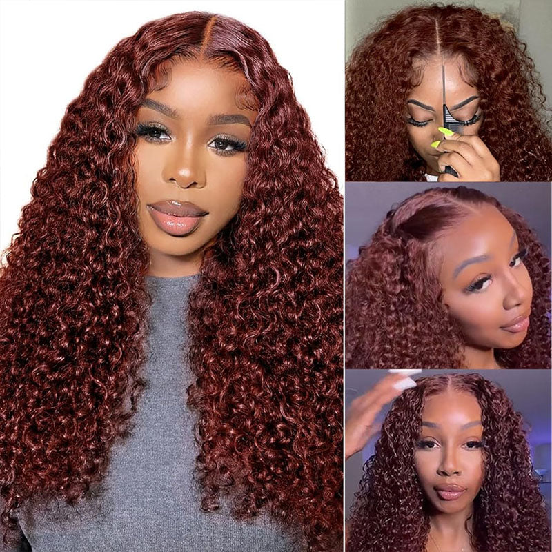 Reddish Brown Deep Wave Bye Bye Knots glueless wig, 4x4 5x5 HD transparent lace