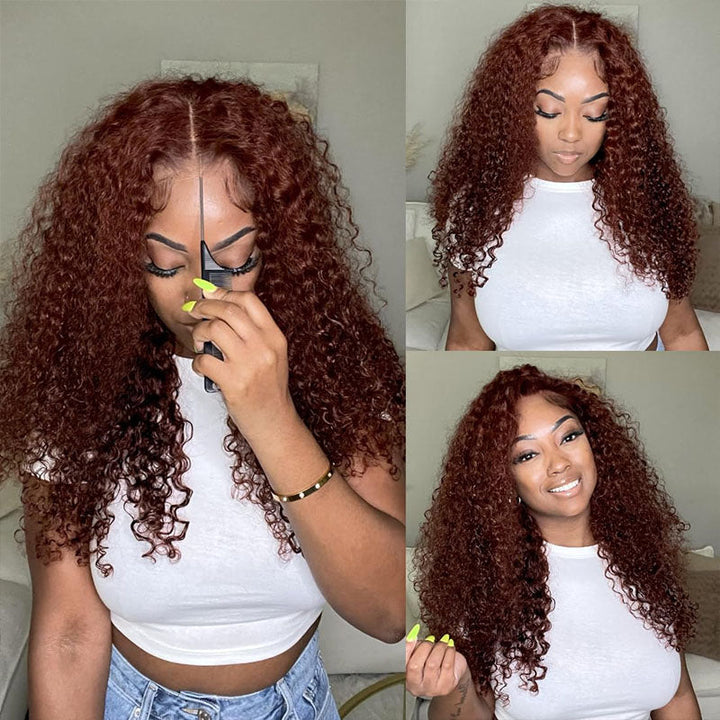 Reddish Brown Deep Wave human hair wig, 5x5 HD transparent lace, beginner friendly